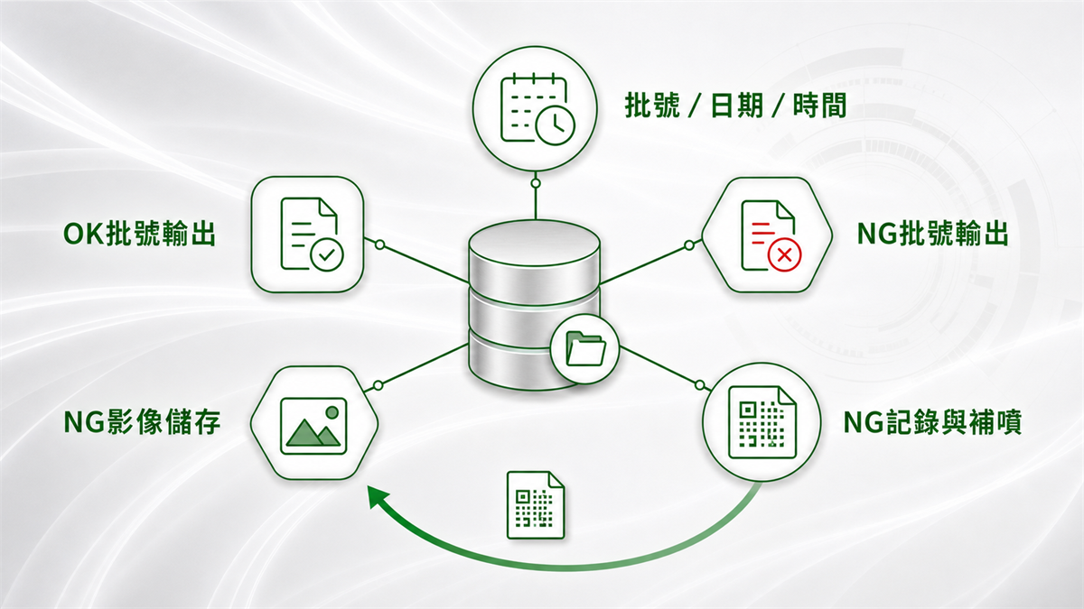 一物一碼如何落實產線管理?認識二維碼噴印、檢查與NG自動剔除 NG二維碼記錄、影像儲存、批號追溯與補噴流程示意。